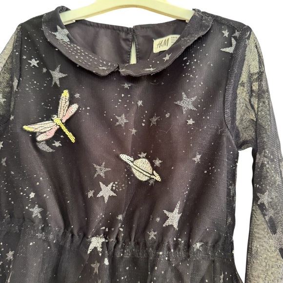 H&M Navy Blue Dress Stars Glitter Dragonfly Planet Space Mesh Girls 2T-3T - Picture 3 of 7